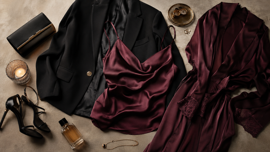 Wine satin camisole and black blazer arranged with elegant evening accessories