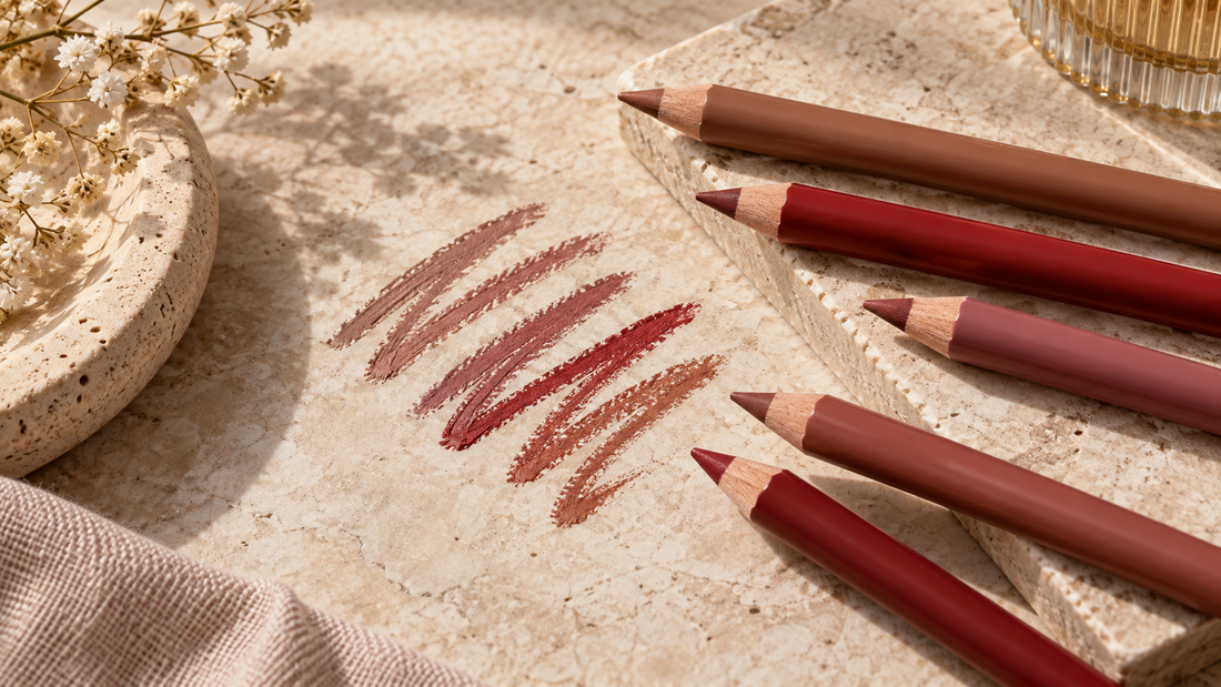 Editorial macro view of unbranded lip liners and clean color swatches