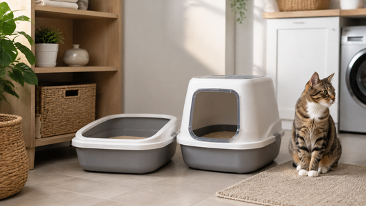 Modern open and covered litter boxes in a clean room