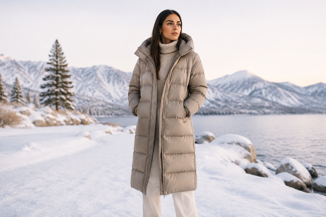 Long neutral puffer coat in a refined winter setting