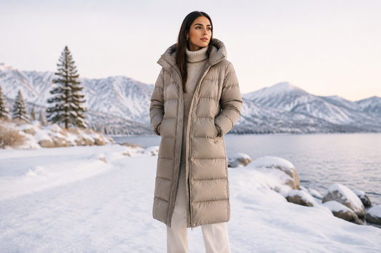 Long neutral puffer coat in a refined winter setting