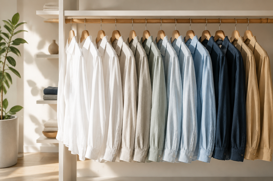 Long sleeve shirts hanging in a bright wardrobe studio