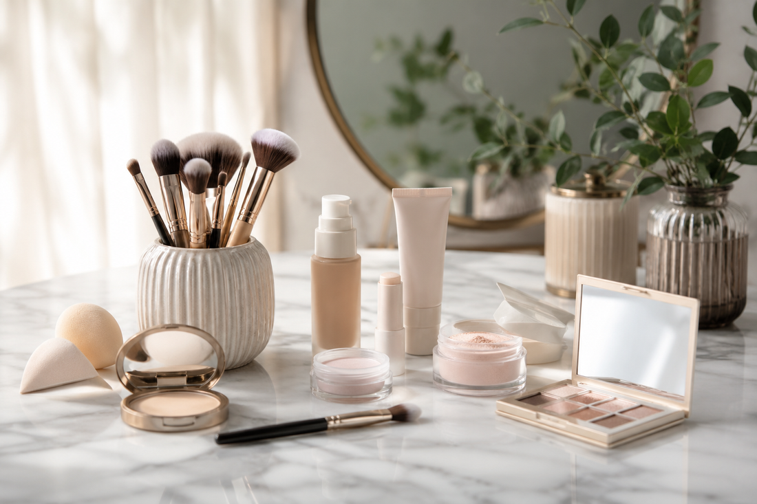 Curated unbranded makeup essentials on a clean vanity