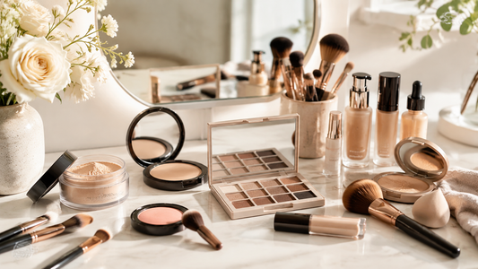 Unbranded makeup essentials arranged on a bright vanity