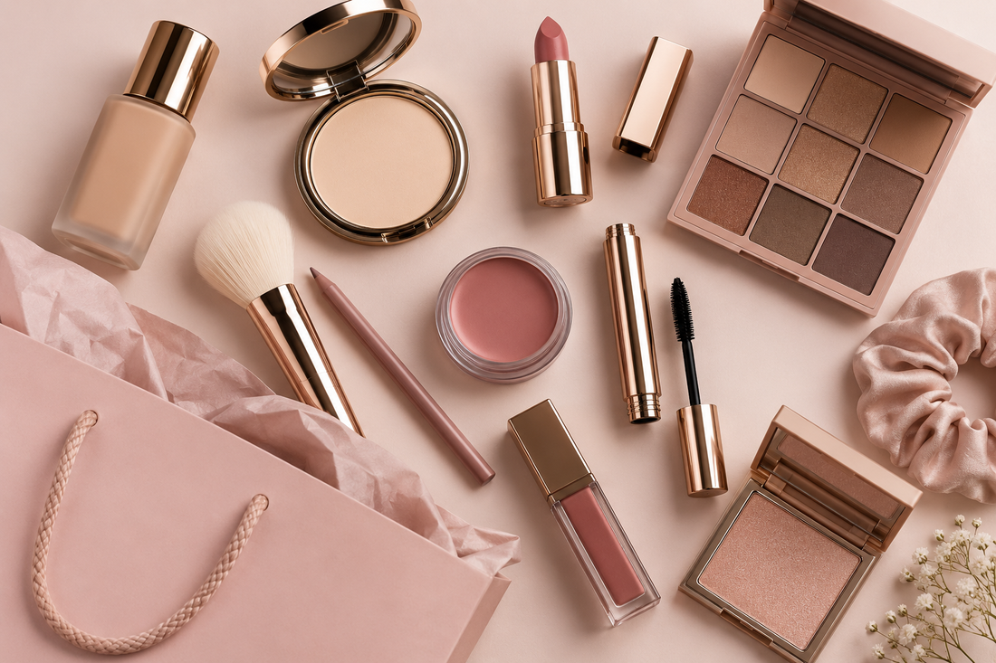 Unbranded makeup products arranged in a clean blush-toned beauty flat lay