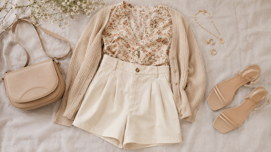 Tailored cream shorts styled with a floral blouse and soft cardigan