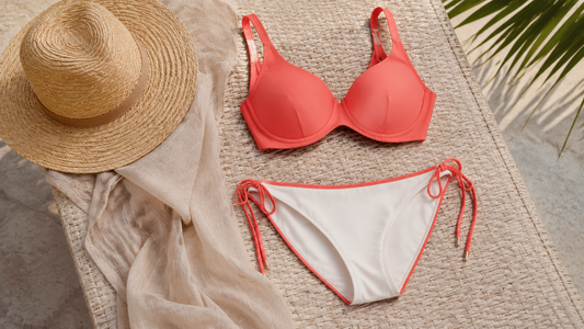 Coral and ivory bikini arranged on a woven beach chair with a straw hat and linen cover-up
