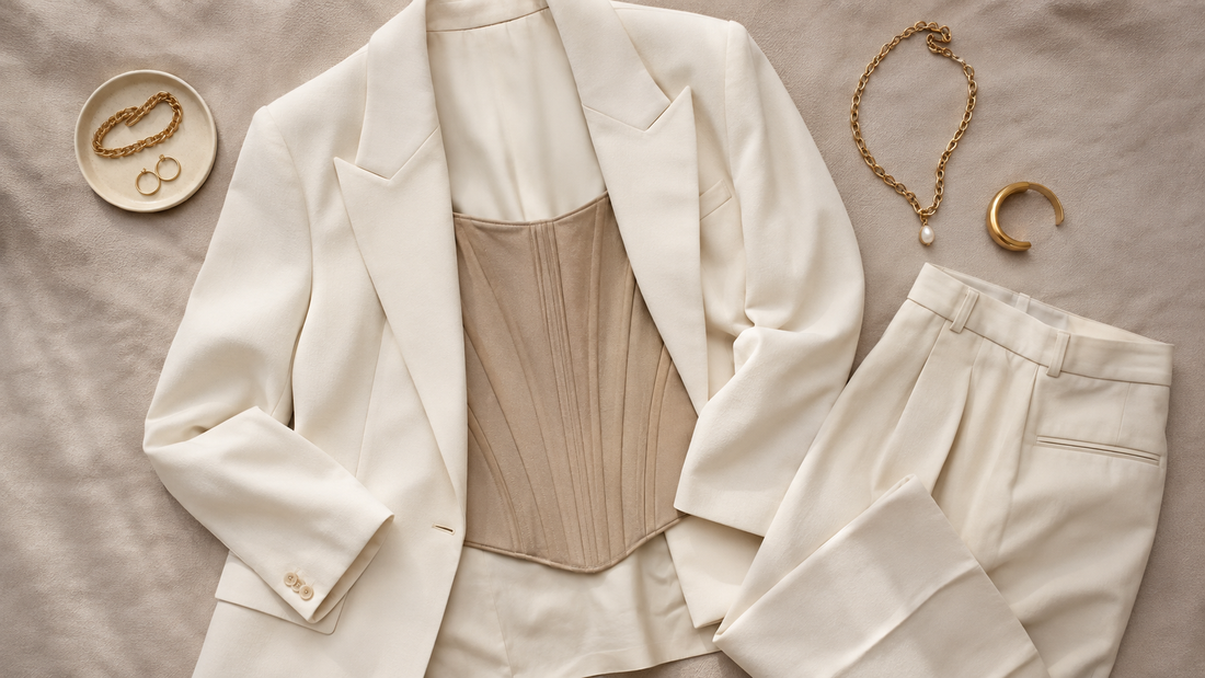 Corset-inspired top styled beneath a cream blazer with tailored trousers