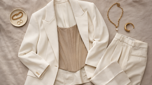 Corset-inspired top styled beneath a cream blazer with tailored trousers
