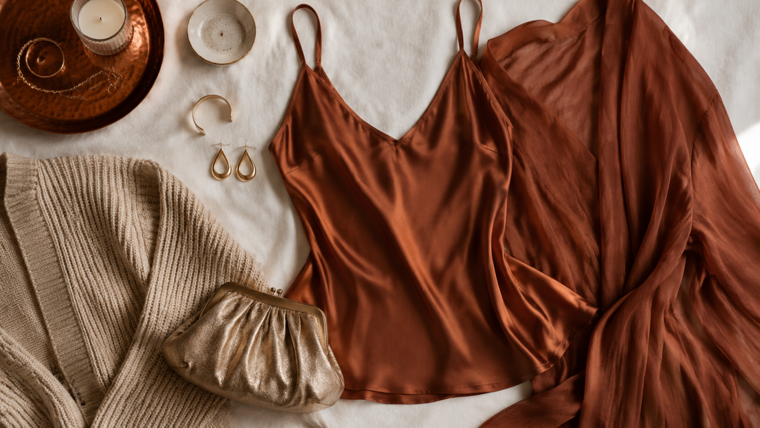 Red-copper satin camisole and robe arranged with neutral knitwear