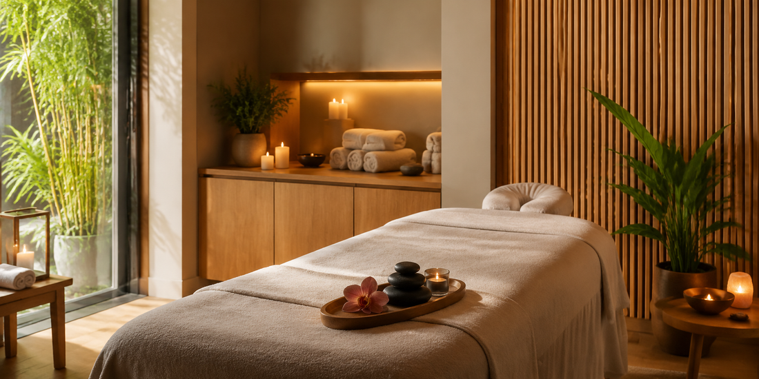 Serene massage spa treatment room with warm ambient lighting