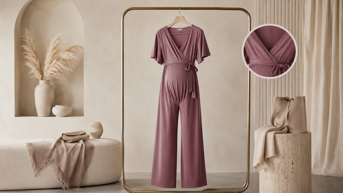 Maternity jumpsuit displayed with soft neutral accessories