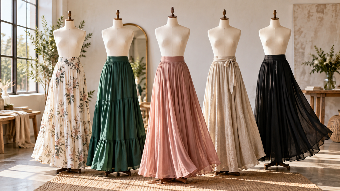 Editorial studio view of flowing maxi skirts for women