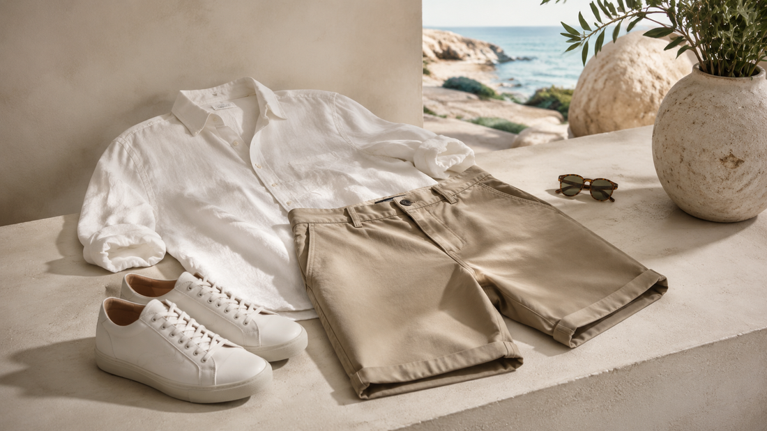 Men's chino shorts styled with a linen shirt and summer accessories