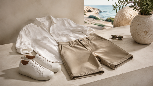 Men's chino shorts styled with a linen shirt and summer accessories