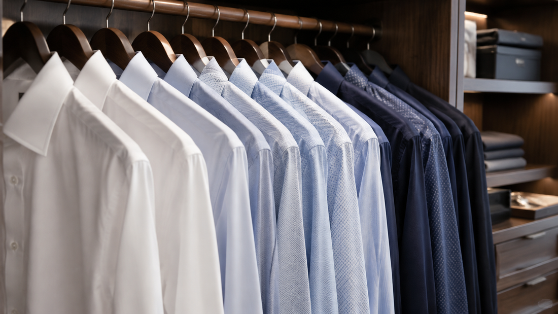 Men's dress shirts in white, blue, navy and subtle patterns
