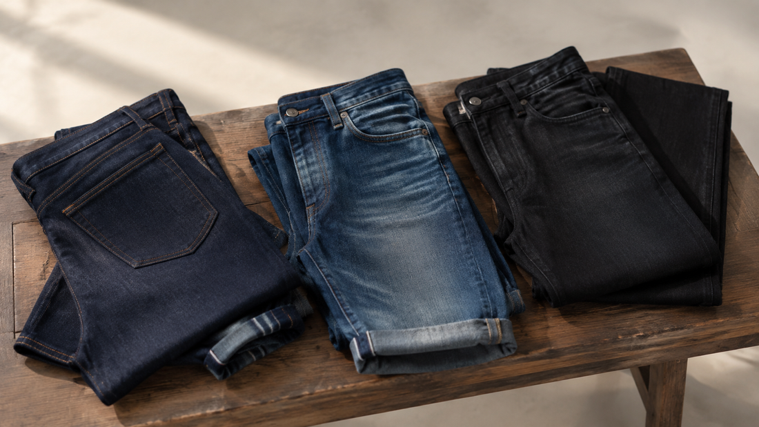 Men's jeans in indigo, mid wash and black denim
