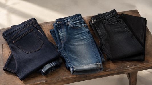 Men's jeans in indigo, mid wash and black denim
