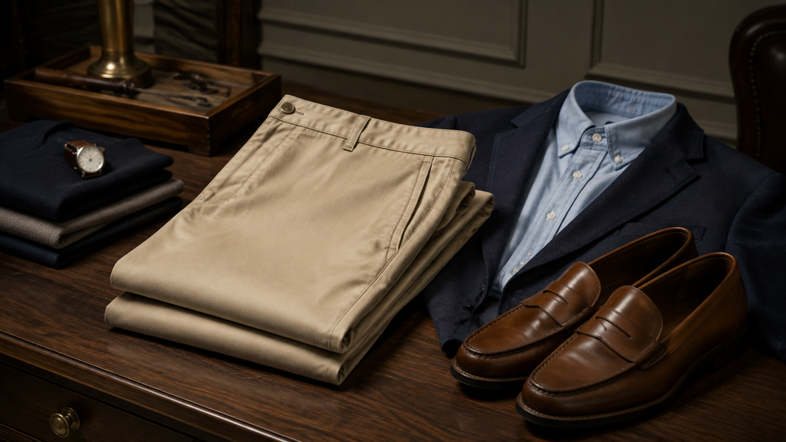 Men's khaki pants styled with an Oxford shirt blazer and loafers