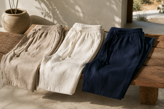 Men's linen pants in neutral colors styled for summer