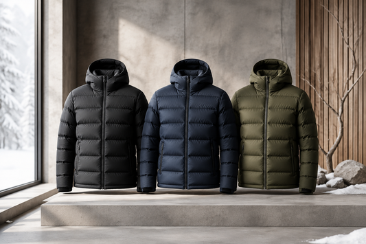 Men's puffer jackets in black, navy and olive