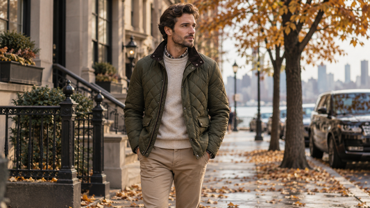 Adult man wearing an olive quilted jacket on an autumn city street