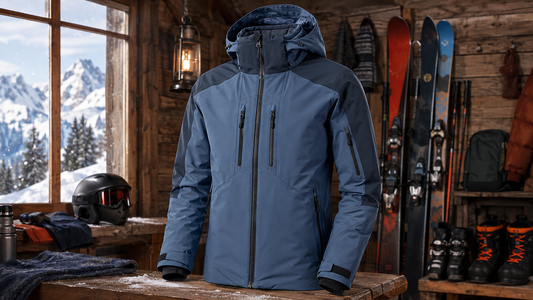 Men's technical ski jacket displayed in an alpine gear room