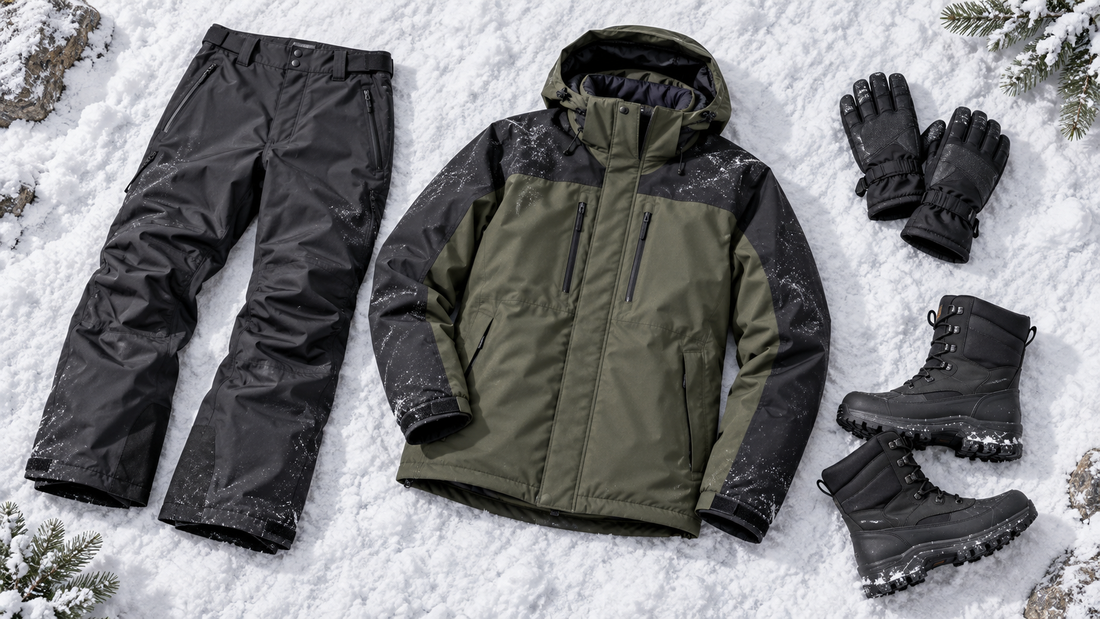 Editorial flat lay of men's snow pants and winter layers with no text or branding