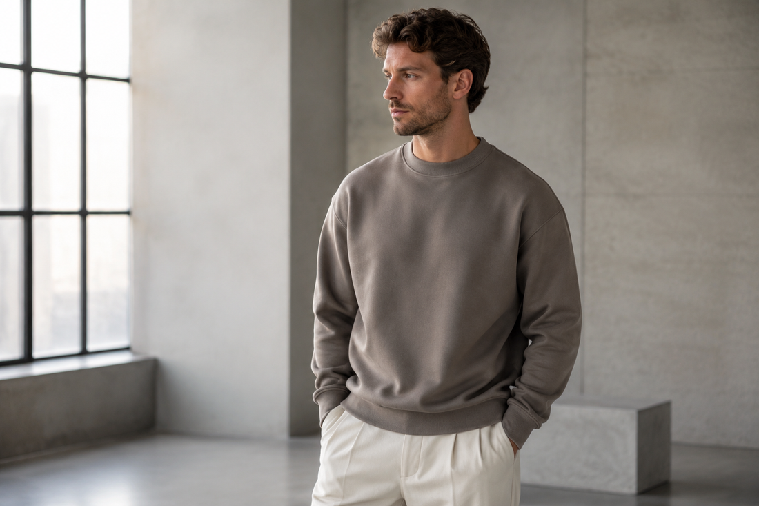 Men's sweatshirt displayed in a minimal urban studio