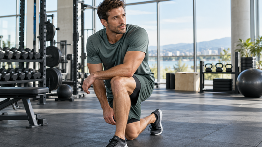 Adult man wearing coordinated workout clothes in a bright modern gym