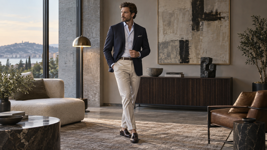 Adult man wearing a navy blazer and tailored trousers in a refined interior