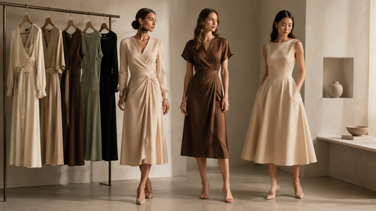 Elegant midi dresses displayed in a minimalist fashion studio