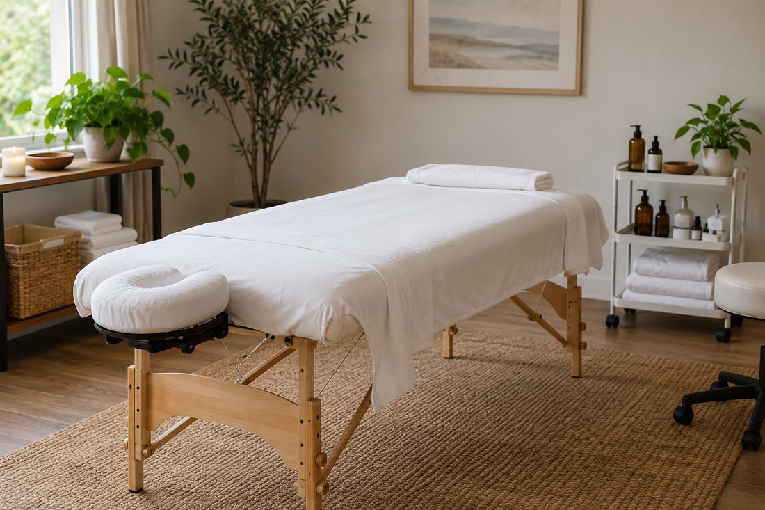 Portable massage table prepared with clean linens in a calm home treatment room