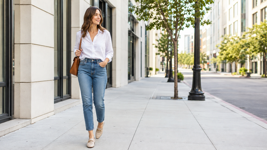 Woman wearing mom-fit slim jeans with a white blouse and loafers