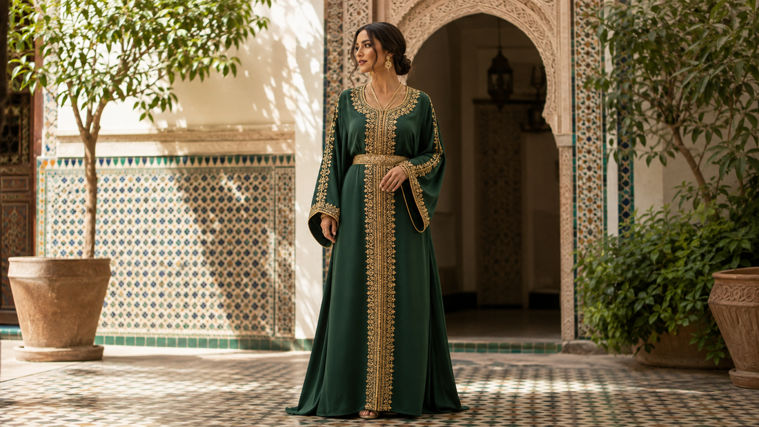 Elegant emerald Moroccan-inspired kaftan in a sunlit tiled courtyard