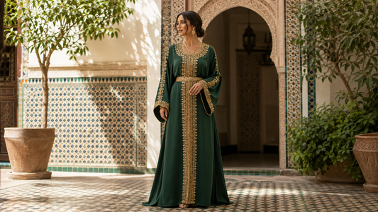 Elegant emerald Moroccan-inspired kaftan in a sunlit tiled courtyard