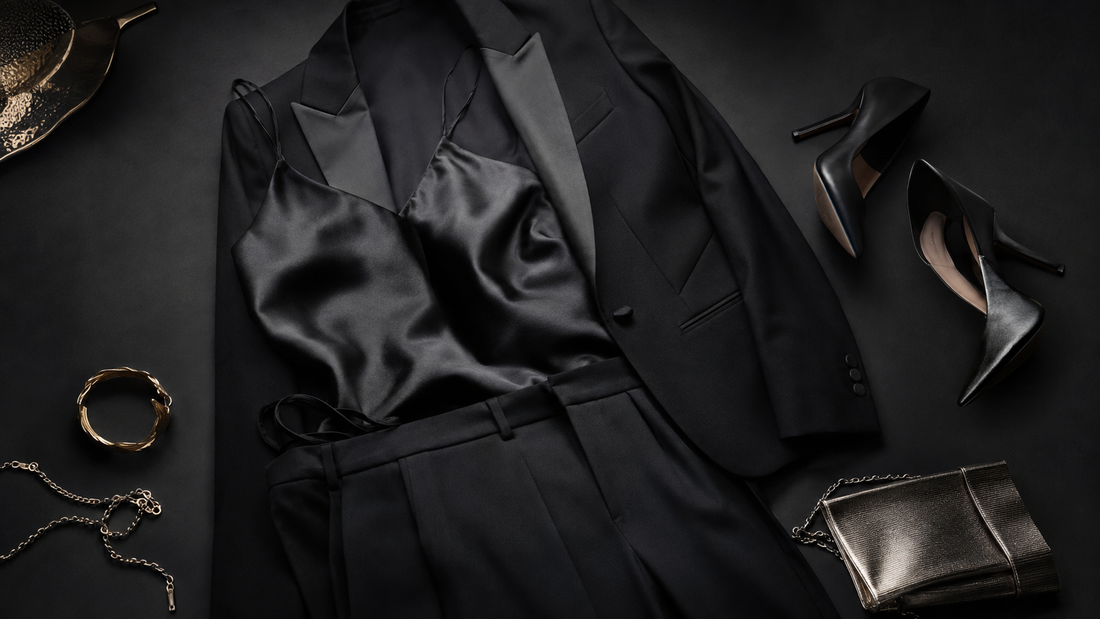 Black silk camisole styled beneath a tuxedo blazer with evening accessories