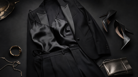 Black silk camisole styled beneath a tuxedo blazer with evening accessories