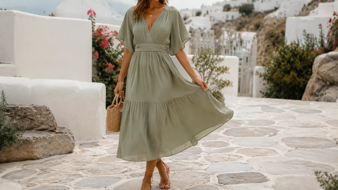 Woman wearing a soft sage flowing midi dress in a bright Mediterranean courtyard