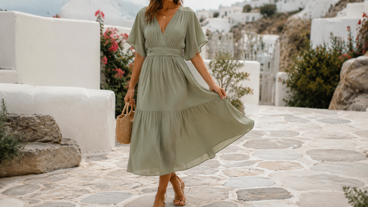 Woman wearing a soft sage flowing midi dress in a bright Mediterranean courtyard