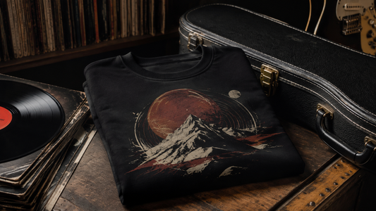 Vintage-inspired black music sweatshirt beside vinyl records and guitar case