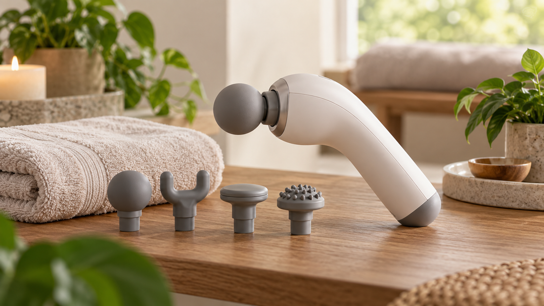 Editorial product view of an unbranded handheld wellness massager with no text or branding