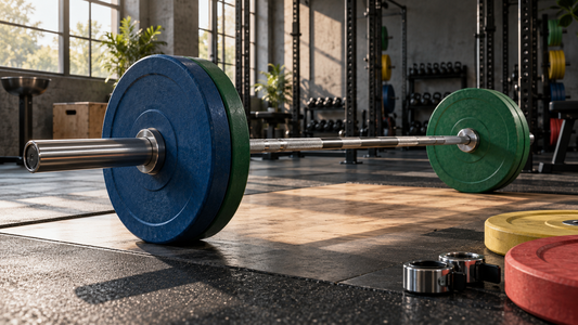 Editorial view illustrating olympic barbell in a clean, realistic setting with no text or branding