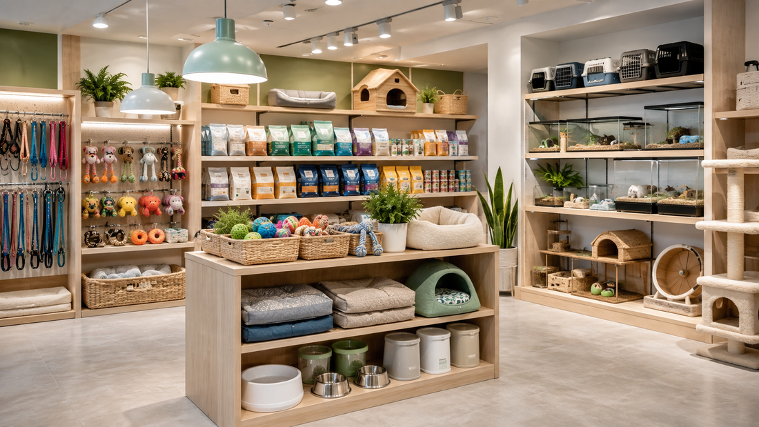 Modern pet shop interior with responsibly arranged pet supplies