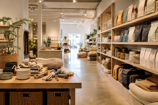 Modern organized pet store with supplies on clean shelves
