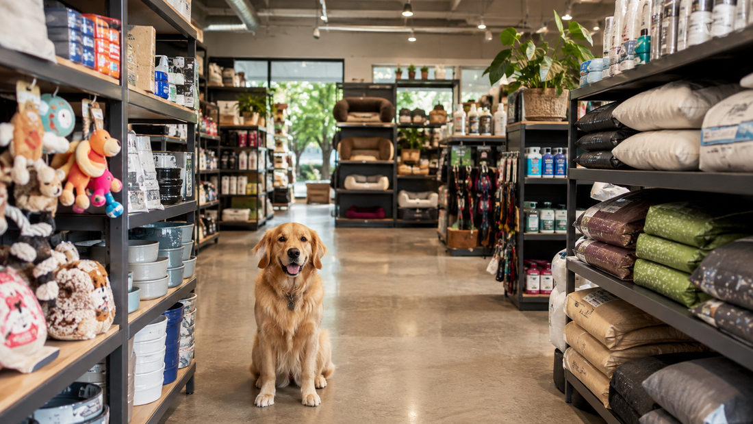 Modern local pet store with organized unbranded supplies