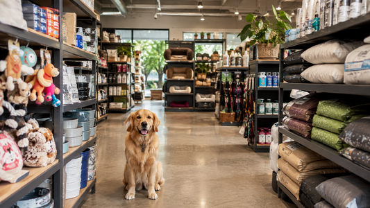 Modern local pet store with organized unbranded supplies