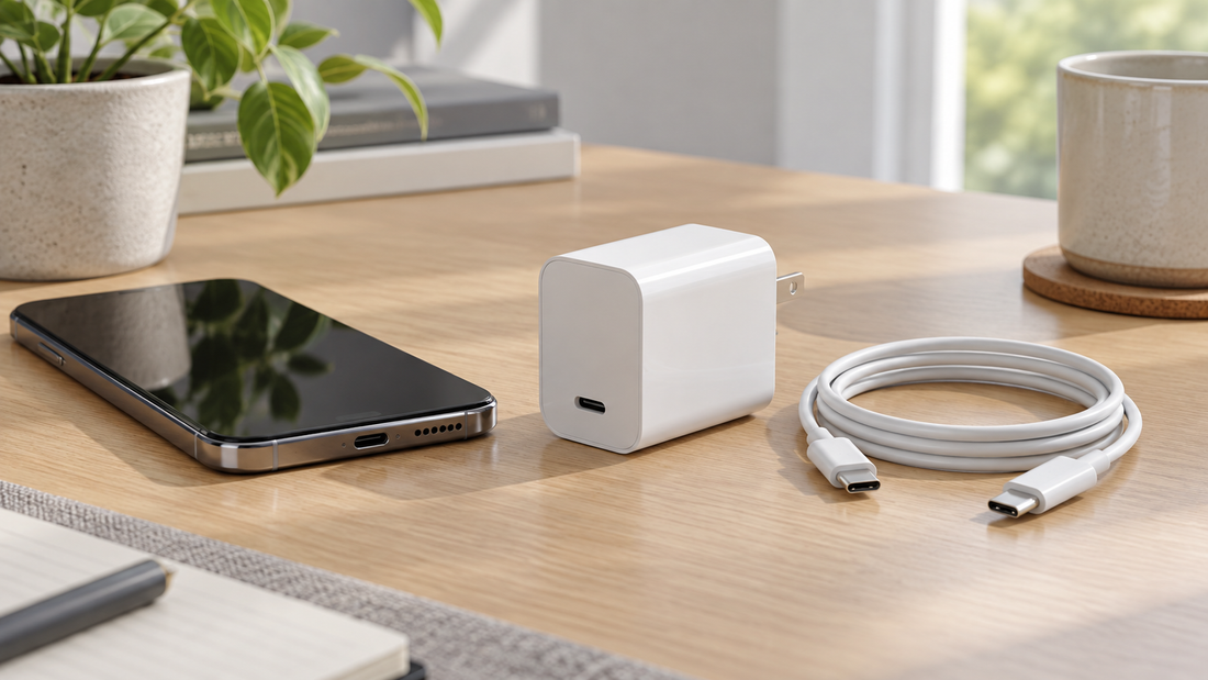 Editorial view of a phone charger and cable in a clean realistic setting with no text or branding