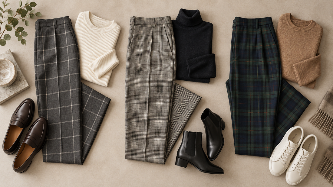 Editorial view illustrating plaid pants in a clean, realistic setting with no text or branding