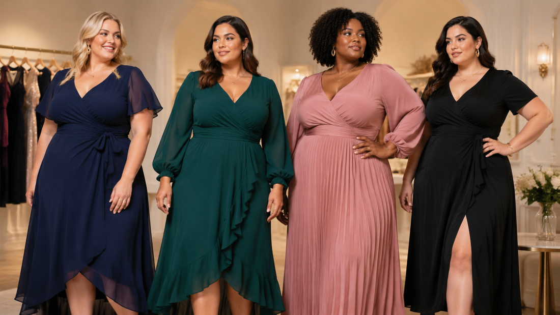Elegant plus size dresses displayed in a refined boutique